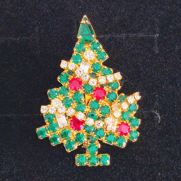 Eisenberg Ice Christmas Tree Pin Rhinestone Green Red Gold Tone‎ Brooch - Picture 16 of 16